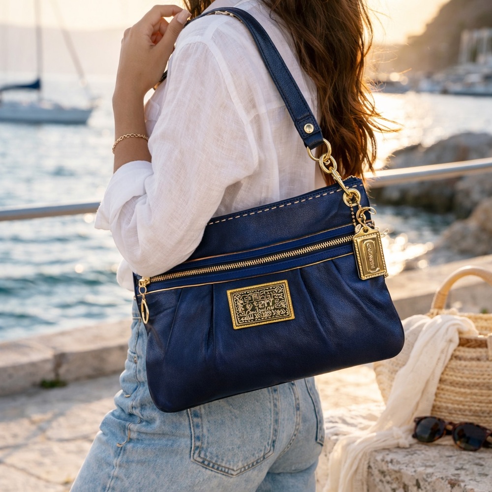 Coach Poppy Signature Sapphire Blue Leather Convertible Bag - Picture 17 of 17